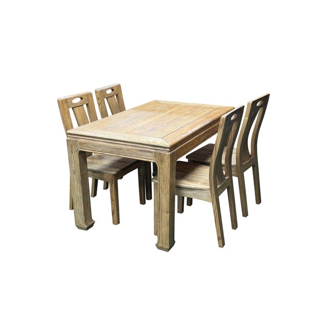 Oriental Light Wood Rough Grain Rectangular Dining Table 4 Chairs Set For Sale - Image 4 of 16