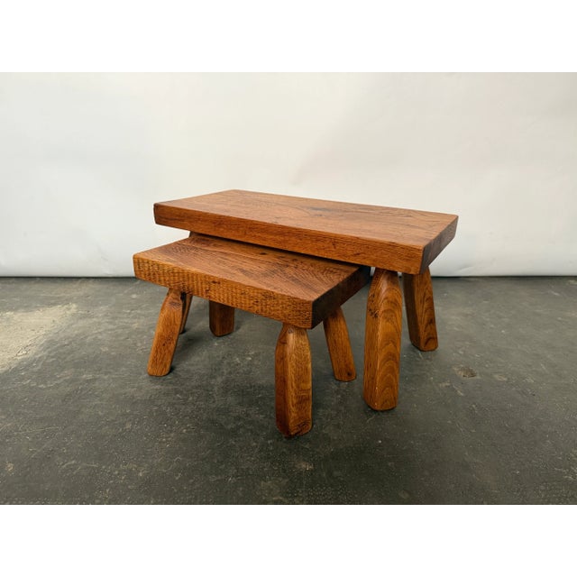 Solid oak brutalist nesting tables, made in Germany in the 70s