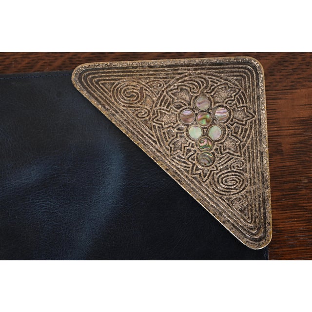Tiffany Studios New York Silvered Bronze and Abalone Blotter Corners With Leather Desk Blotter For Sale In South Bend - Image 6 of 13
