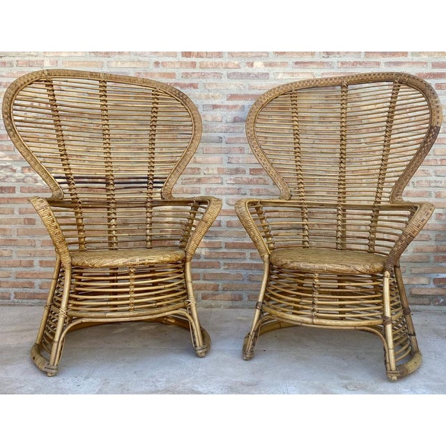 Pair of 1970s Spanish armchairs of bamboo wicker tall back rest.