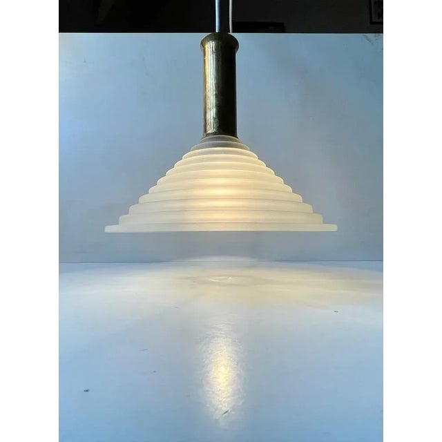 Metal Italian Art Deco Revival Pendant Lamp in Brass and Glass, 1970s For Sale - Image 7 of 9