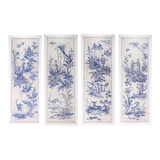 A Set of Vintage-Style Blue-and-White French Chinoiserie Four-Panel Hanging scrolls.Framed. For Sale