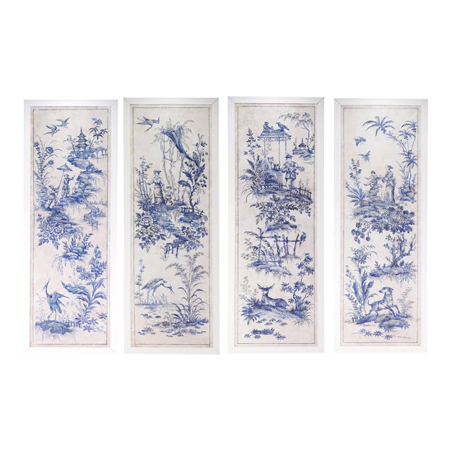A Set of Vintage-Style Blue-and-White French Chinoiserie Four-Panel Hanging scrolls.Framed. For Sale