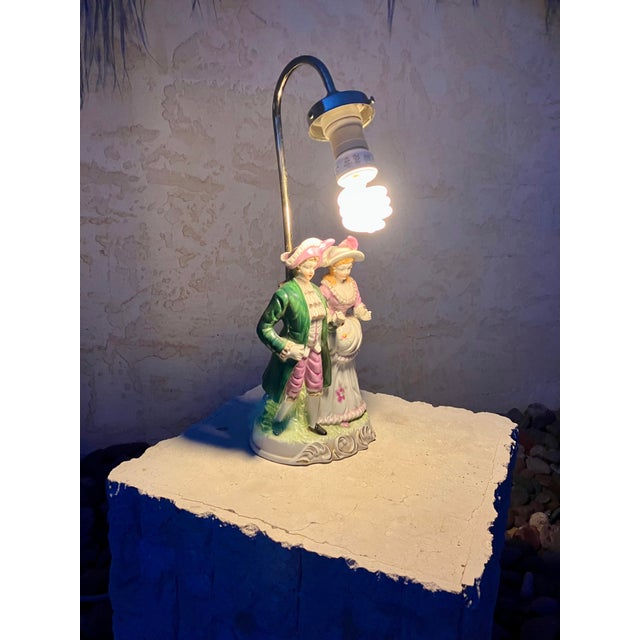 Figurative Antique Porcelain Figural Boudoir Lamp Featuring a Colonial Couple For Sale - Image 3 of 3