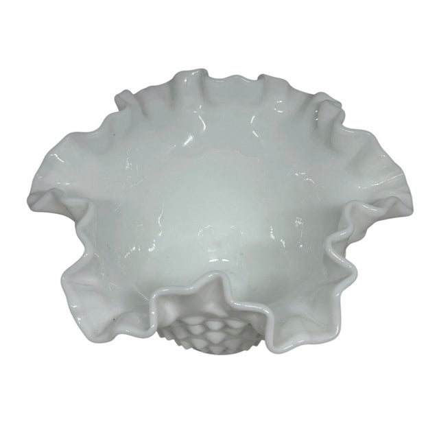 Farmhouse Ruffled Rim Hobnail White Milk Glass Bowl Vase — Vintage 6.5" Wide For Sale - Image 3 of 12