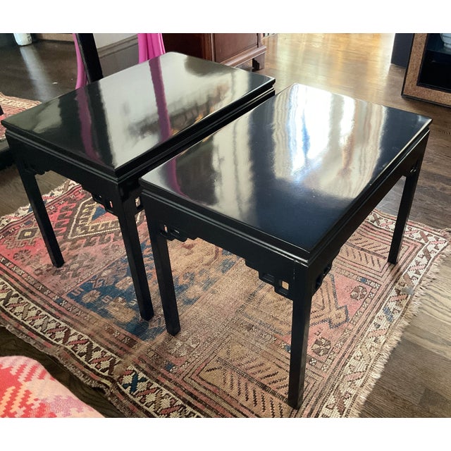 Black Lacquered Vintage Kittinger Chinese Chippendale End Tables (Pair) For Sale - Image 12 of 12