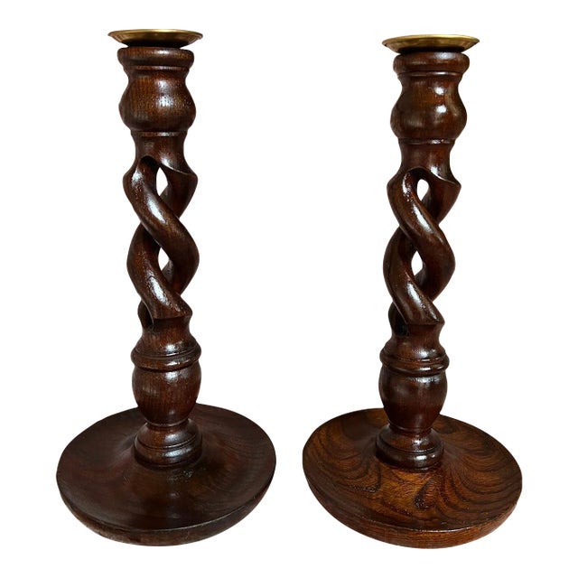 Pair Set Antique English Oak Open Barley Twist Candlesticks Candle Holder Brass For Sale