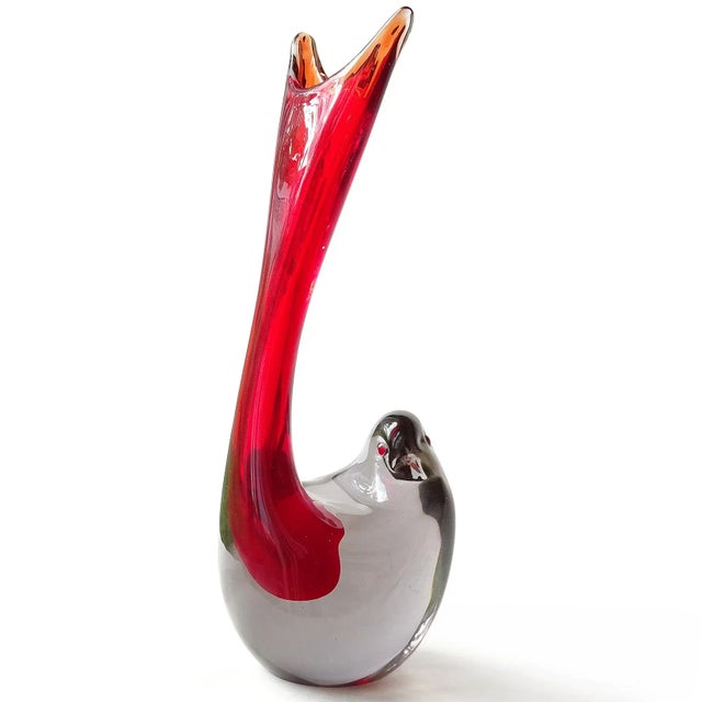 Beautiful and rare, vintage Murano hand blown Sommerso red and Neodymium gray Italian art glass sculptural bird flower...