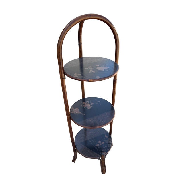 1970s Costal Three Tiered Dark Stained Rattan Shelf w East Asian Motif Tops For Sale - Image 10 of 11