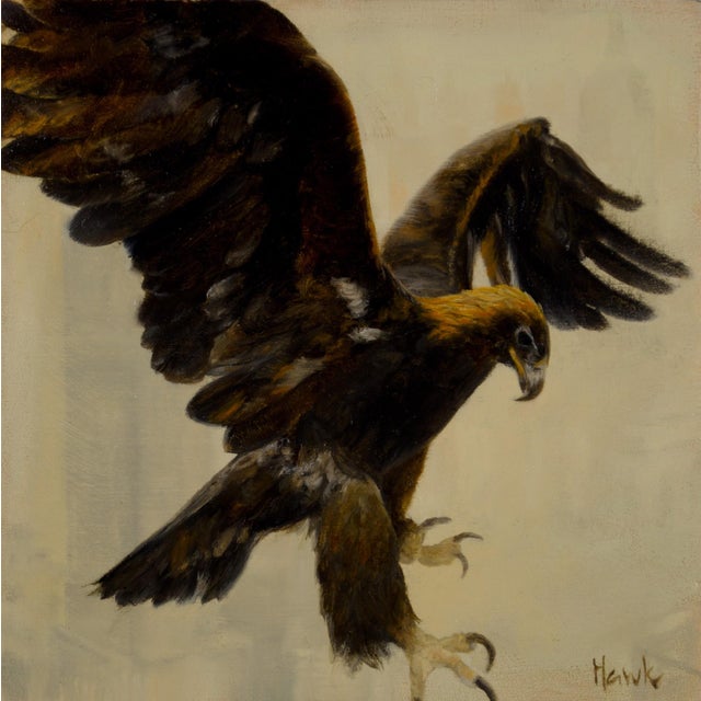 City Eagle by Dana Hawk | Oil on wood panel Painting of a flying eagle with outstretched wings For Sale