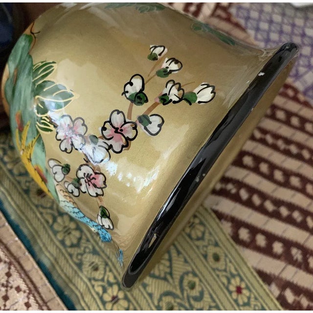 Brass Vintage Chinoiserie Ceramic Painted Cachepot With Peacocks Birds Pattern For Sale - Image 8 of 10