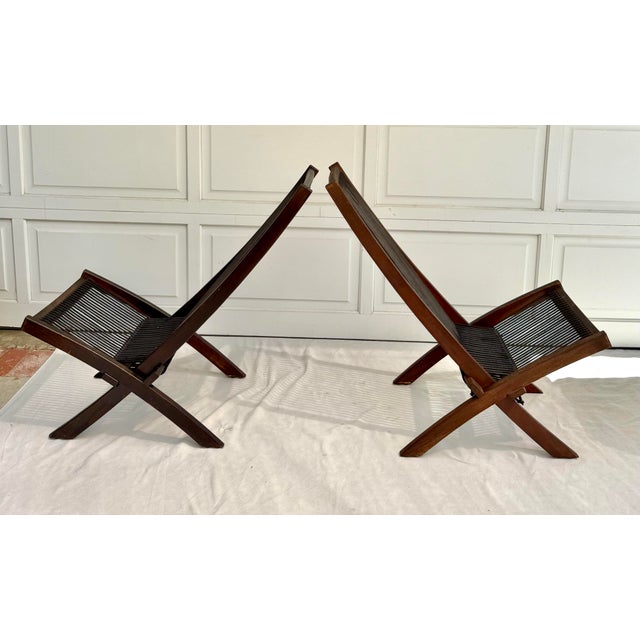 Pair of Vintage Scandi-Style Folding Wood & Cord Lounge Chairs For Sale In Los Angeles - Image 6 of 10