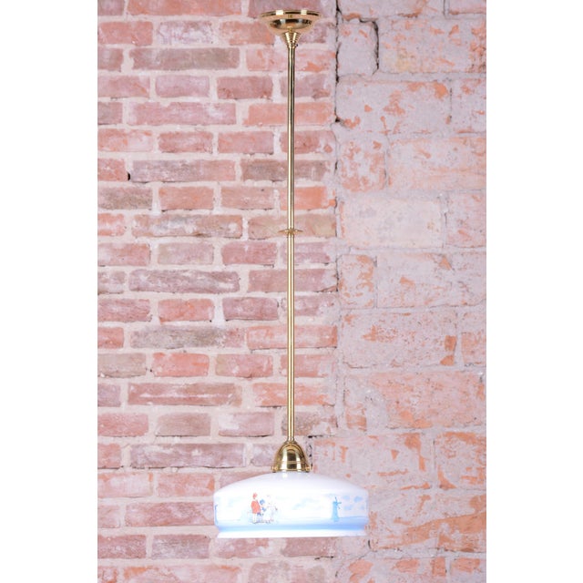 Metal Art Deco Pendant Light in Brass and Painted Glass, Czech, 1930s For Sale - Image 7 of 11