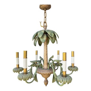 Vintage Tole Metal Palm Beach Tropical Hollywood Regency-Style Tole Palm Tree Chandelier Featuring Green-Painted Metal Fronds and Faux-Candle Arms For Sale