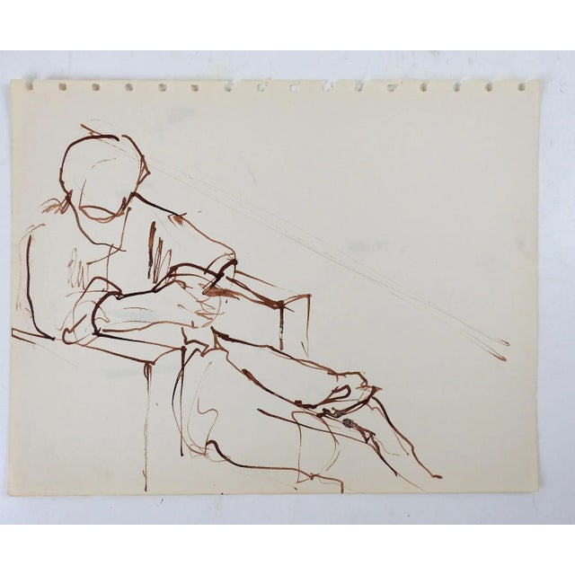 Vintage mid 20th century sepia pen and ink drawing on paper. Seated figure, unsigned. Unframed, age toning, sketchbook...