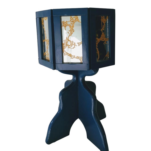 Mid Century Blue Lacquered Planter With Mirrors and Gold For Sale