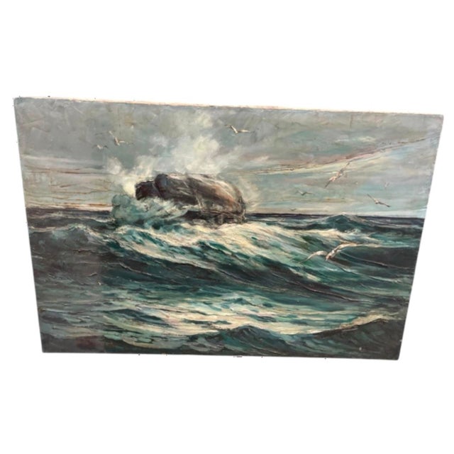 This atmospheric mid-century seascape oil painting captures the raw power and motion of the ocean in a bold,...