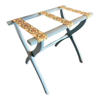 Vintage Scheibe Folding Luggage Rack-Blue Wood-Floral Tapestry-Suitcase Stand For Sale
