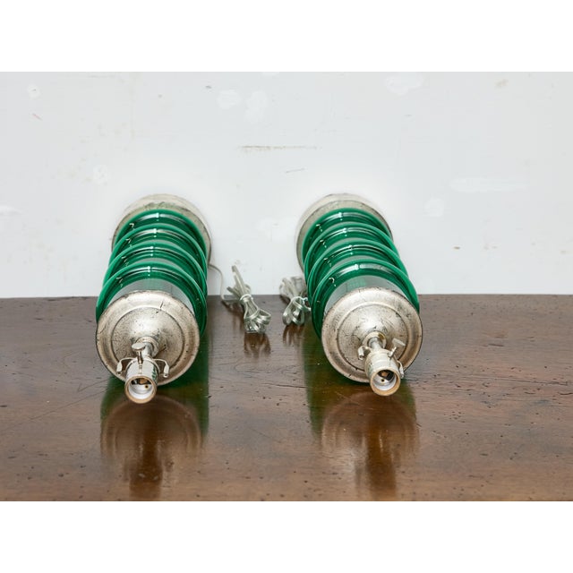 Green Mid 20th Century Italian Midcentury Ribbed Green Glass Lamps with Silver Bases - Pair For Sale - Image 8 of 9