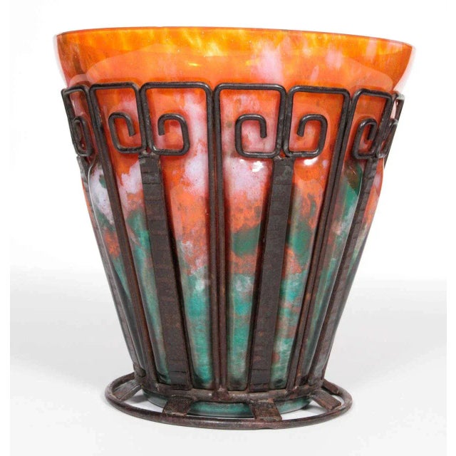 Burnt Orange French Art Deco Hand-Hammered Iron and Glass Vase Signed Lorrain For Sale - Image 8 of 8