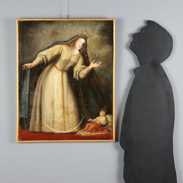 Oil on canvas. Mary is depicted here standing in adoration of her little son, who is lying on the ground resting on a...
