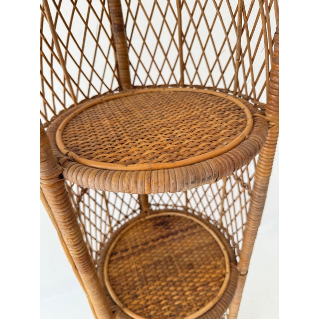Mid-Century Modern Vintage Boho Wicker Four-Tier Estagere Cylindrical Shelving Unit, 1970s For Sale - Image 3 of 13