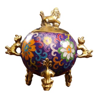 Late 19th Century Cloisonné Enamel Tripod Censer With Foo Dog Finial, 790g For Sale