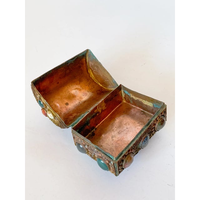 Antique Tibetan Bronze Filigree and Gemstone Agate Inlaid Jeweled Jewelry Box For Sale - Image 9 of 10
