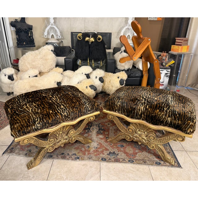 Hollywood Regency 1990s Pair of Neoclassical-Style Faux Leopard Covered Gilt-Wood Benches, 2 Pieces For Sale - Image 3 of 11