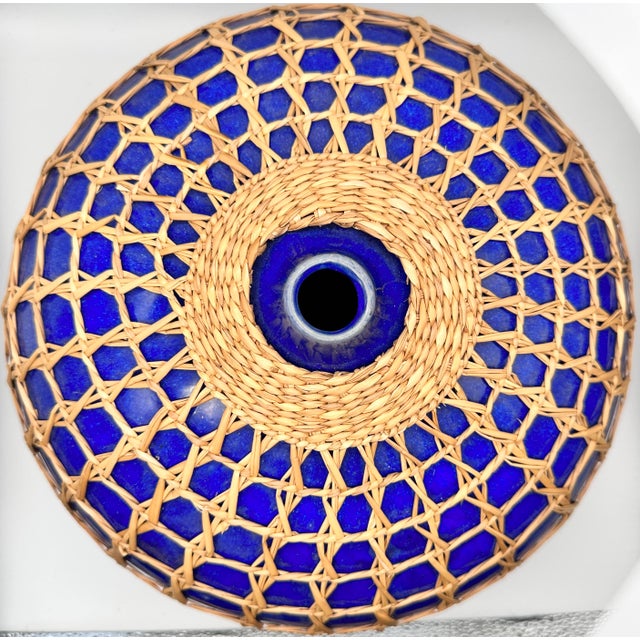 Vintage Seagrass Rattan Wrapped Cobalt Ceramic 12" Pottery For Sale In San Diego - Image 6 of 8
