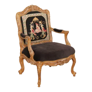 Michael Thomas French Louis XV Style Carved Frame Needlepoint Arm Chair
