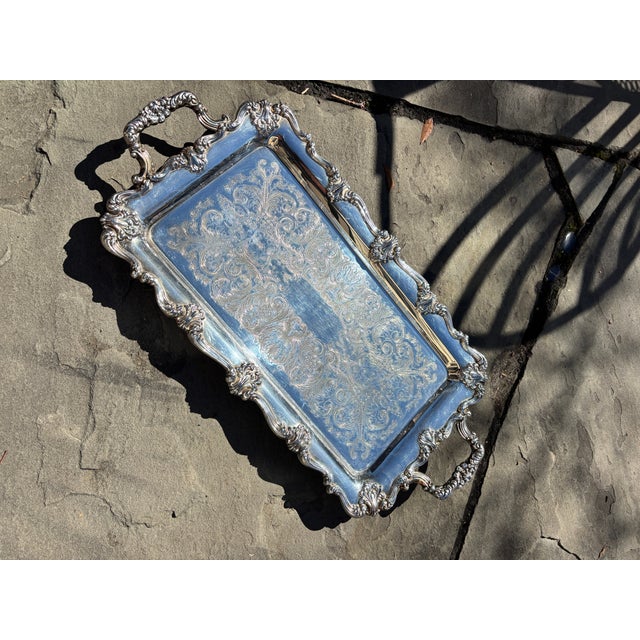 Victorian 1960s B Rogers Silver Co. Ornate Silver Plate Over Brass Handled Tray For Sale - Image 3 of 6
