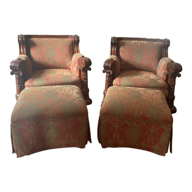 1940's Hand Carved Mahogany Club Chairs With Ottomans - 2 Sets For Sale