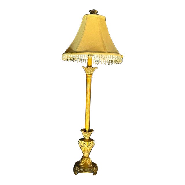 2000s Hollywood Regency Gold Table Lamp With Crystal Fringe Shade For Sale