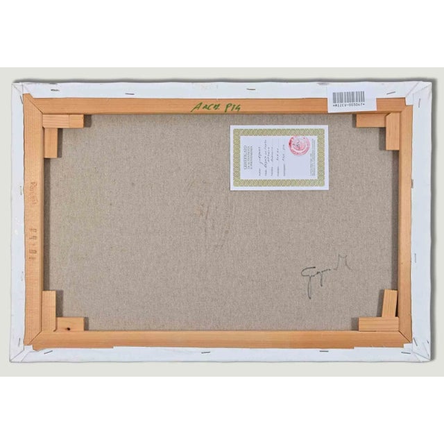 Race on orange background is a suggestive artwork realized by the Belgian artist Martine Goeyens in the 2020s. Oil...