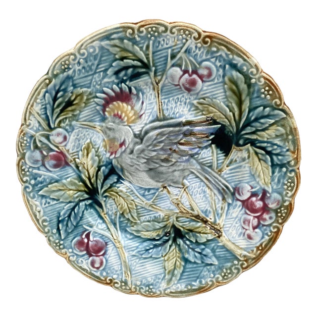 Majolica Bird With Cherries Plate Wasmuel, Circa 1890 For Sale