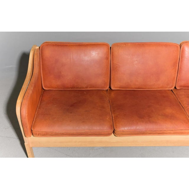 Brown Patina Leather Beech Frame Yngve Ekstrom Three Seat Sofa, Sweden, Minimalist For Sale - Image 8 of 12