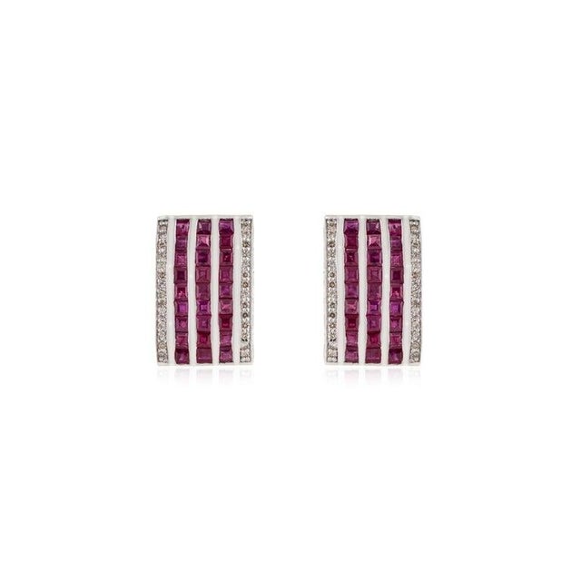 Red Art Deco Style Multi-Row Square Ruby Diamond Panel Silver Stud Earrings- A Pair For Sale - Image 8 of 11