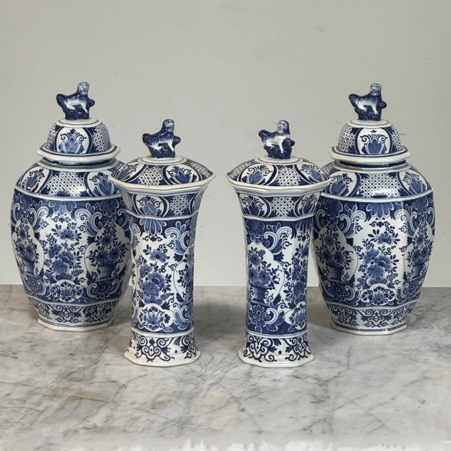 Boch Freres Keramis 19th Century Boch Hand-Painted Blue & White Delft Garniture Set For Sale - Image 4 of 18