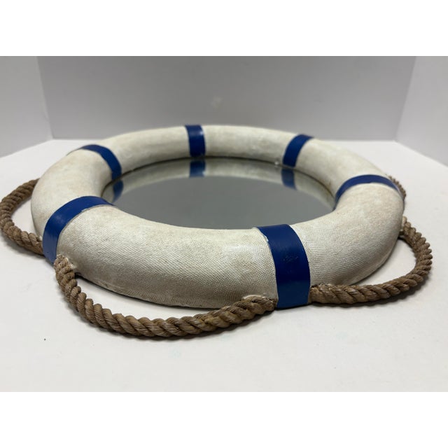 Nautical Life Preserver Mirror | Coastal Rope Wall Mirror | Beach House Décor | Blue & White Maritime Wall Art For Sale - Image 4 of 5