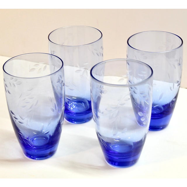 French Country Pfaltzgraff Etched Blue Glass Drinkware 24oz | Set of 4 For Sale - Image 3 of 3
