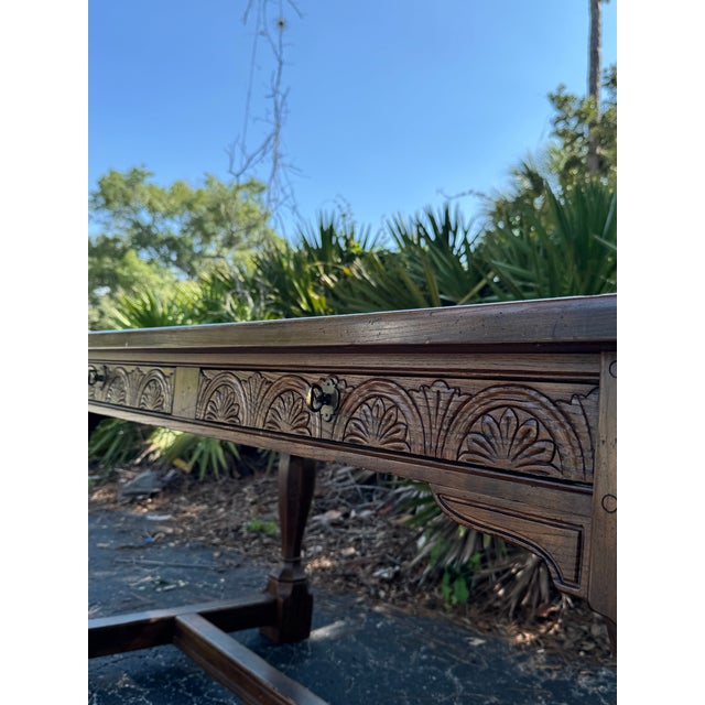 English Vintage Henredon Carved Walnut Writing Desk With Ball & Claw Style Legs, 76” For Sale - Image 3 of 10