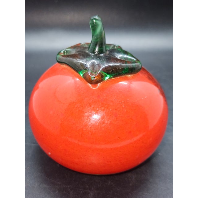 Figurative Vintage Inspired Hand Blown Red Glass Apple Paperweight With Green Stem For Sale - Image 3 of 3
