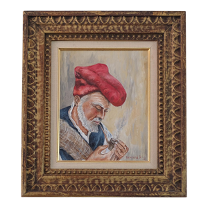 1970s Oil Portrait Painting of a Man Smoking a Pipe, Framed