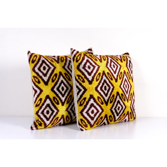Mid-Century Modern Yellow and Burgundy Silk Ikat Velvet Pillow Cover - A Pair For Sale - Image 3 of 4