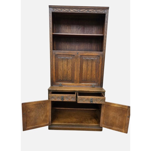 Vintage Oak Wood Bros Desk Cabinet Tudor Shelf Hutch Bookshelf Old Charm Leather For Sale - Image 4 of 18