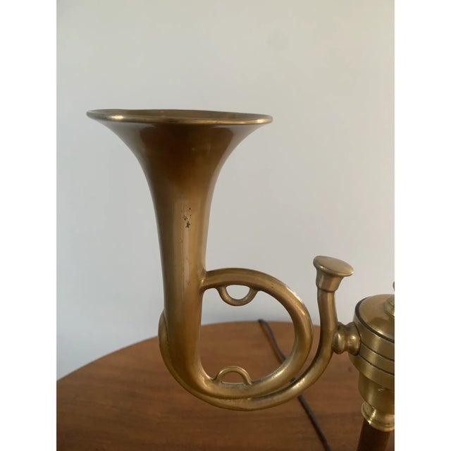 Metal Mid-20th Century English Country Brass Horn Bouillotte Lamp With Black Tole Shade For Sale - Image 7 of 12