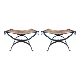 Pair of 19th Century Italian Iron and Leather Benches For Sale