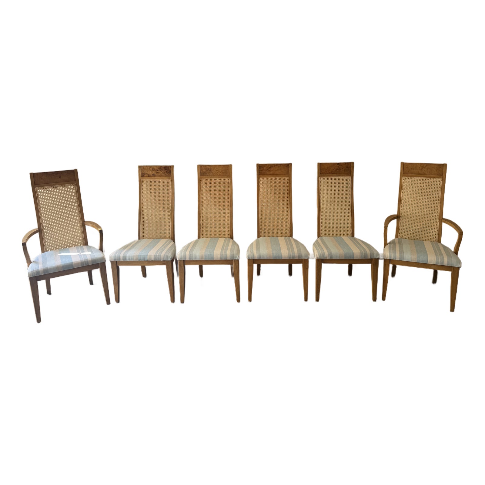 Mid-Century Modern Burl Wood and Cane Dining Chairs - Set of 6 | Chairish