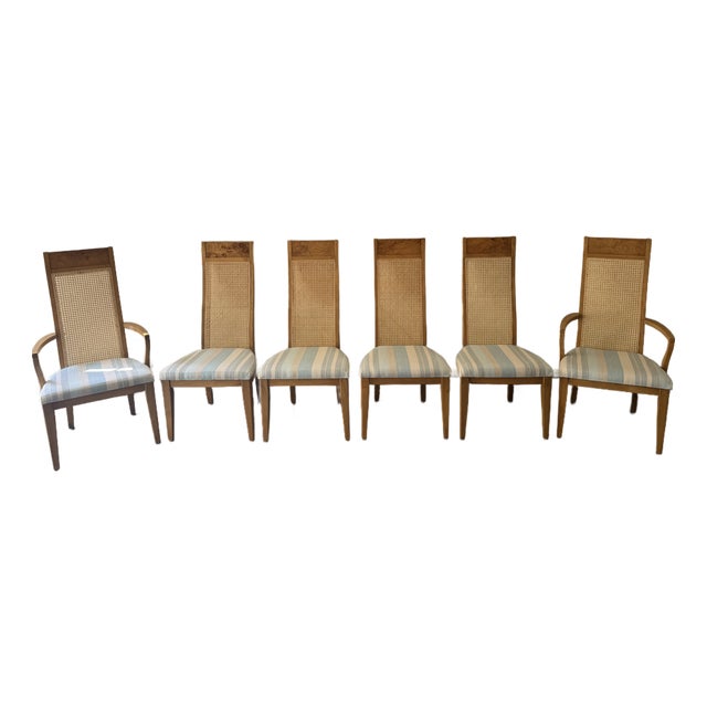 Mid-Century Modern Burl Wood and Cane Dining Chairs - Set of 6 For Sale